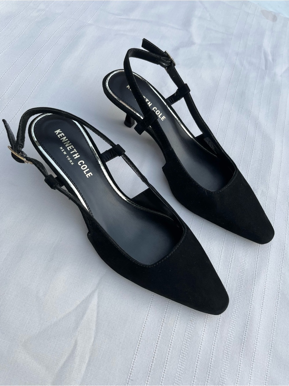 NWOT Kenneth Cole Black Suede Pointed Slingback Kitten Heels